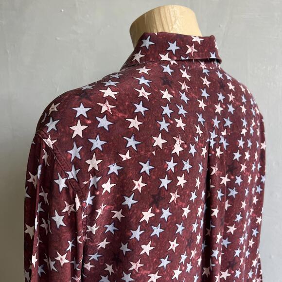 Sandro Paris Star Print Button Up Shirt 3 Large Burgundy Boho Chic 100% Silk - Picture 12 of 15